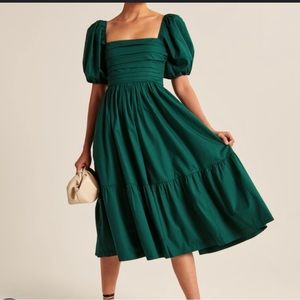 Abercrombie Green Ruched Puff Sleeve Poplin Midi Dress
